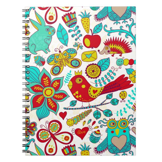 Carnet Oiseaux rétro colorés Fleurs et lapins lapins (Devant)