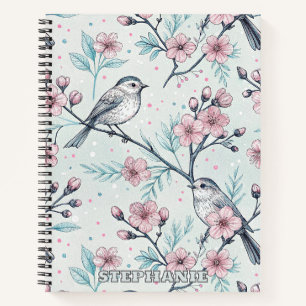 Carnet Oiseaux sarcelle élégants Fleurs de cerisier roses