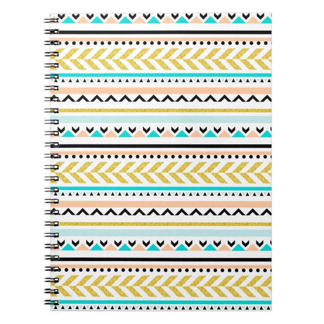 Carnet Or, Coral, Blanc, Aqua, Motif Aztèque Noir (Devant)