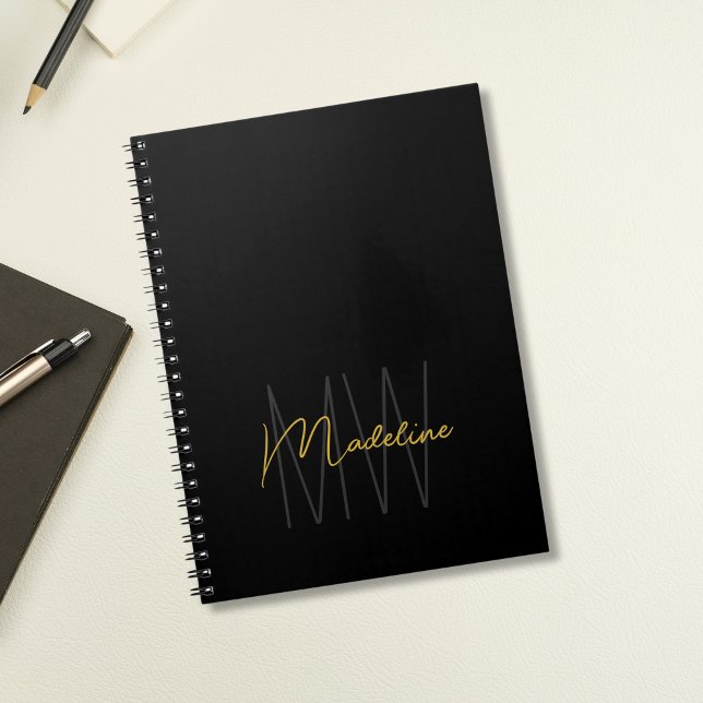 Carnet Or Noir Monogramme Moderne Chic (Black and Gold Monogram Elegant Notebook by MINTIC DESIGN STUDIO)