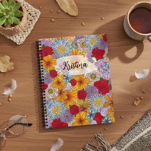 Carnet Orange Rouge violet Jardin Doodle Fleurs
