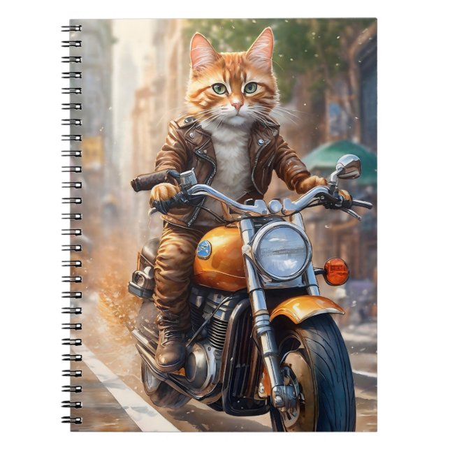 Carnet Orange Tabby Cat Out pour une balade en moto (Devant)