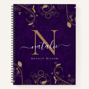 Carnet Ornements floraux violets foncés or Monogramme fro