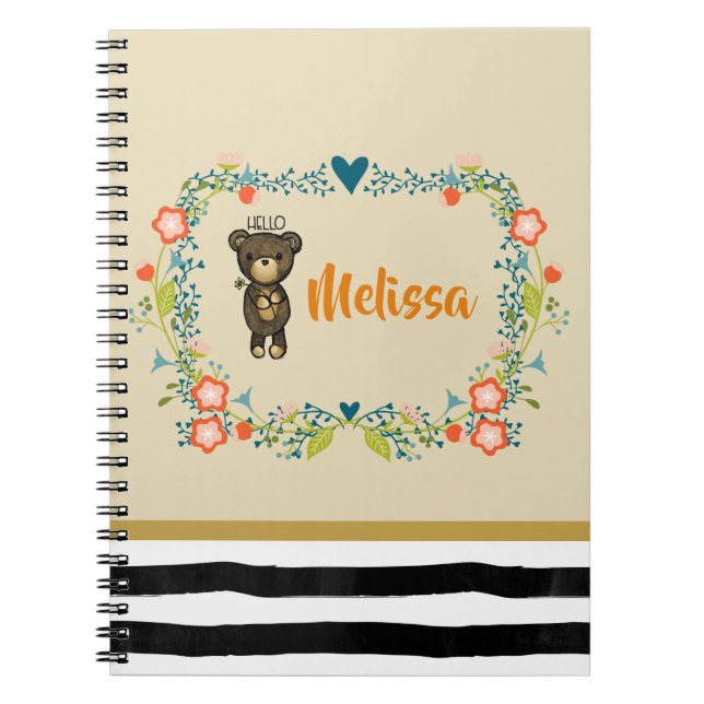 Carnet Ours mignon, Fleur Jaune & Fer Florale Personnalis (Devant)