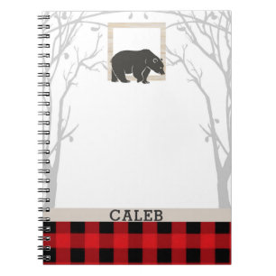 Carnet Ours rustique et bois de campagne à carreaux rouge