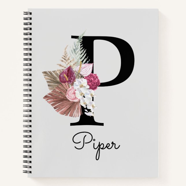 Carnet P Initial floral Bohème Rose personnalisé (Devant)