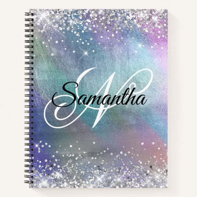 Carnet Pailleté Argent Monogramme Iridescent Feuille Méta (Devant)