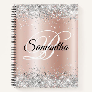 Carnet Pailleté Argenté Clair Rose Or Feuille Monogramme