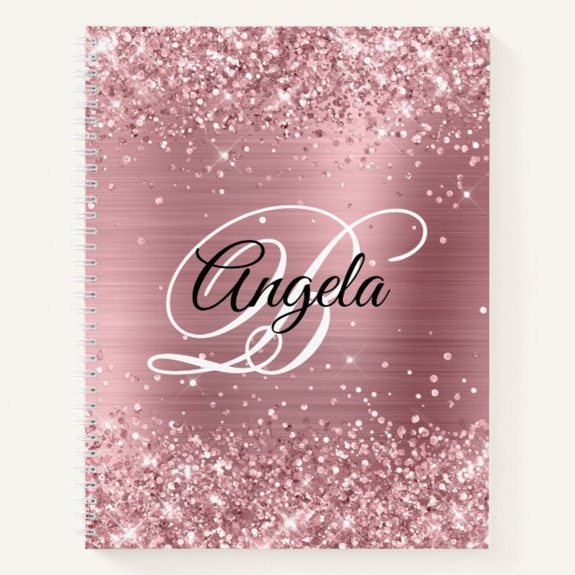 Carnet Pailleté Rose Clair Feuille Monogramme Fantaisie (Devant)