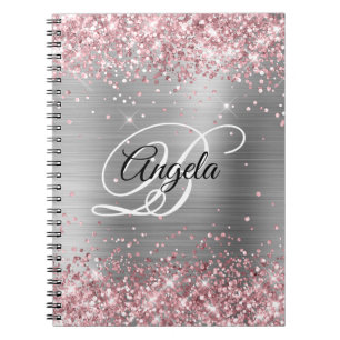 Carnet Pailleté Rose Clair Monogramme Métallisé Argenté É
