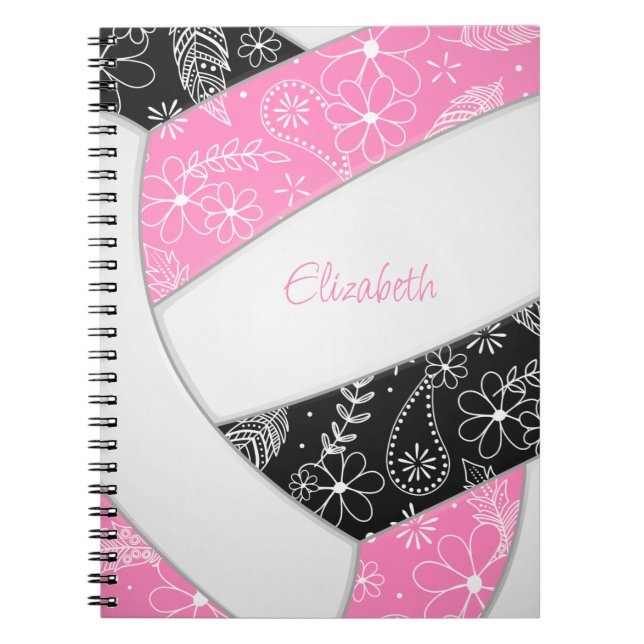 Carnet paisible plumes floral rose noir boho volleyball (Devant)