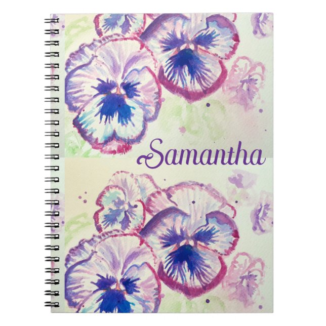 Carnet Pansy Panies Purple Fleurs Florales Aquarelle Nom (Devant)