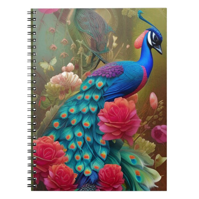 Carnet Paon bleu dans un jardin de roses roses  (Devant)