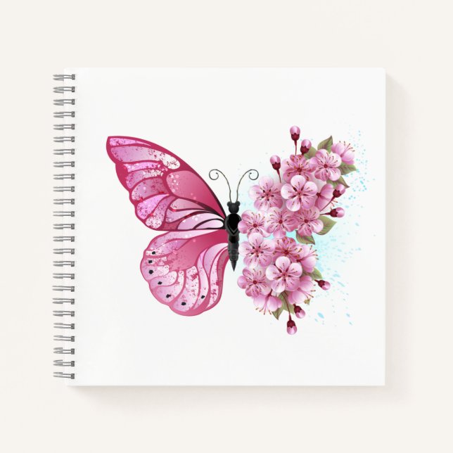 Carnet Papillon à fleurs avec Sakura rose (Devant)