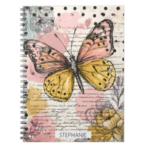 Carnet Papillon aquarelle rose or boho art de la nature (