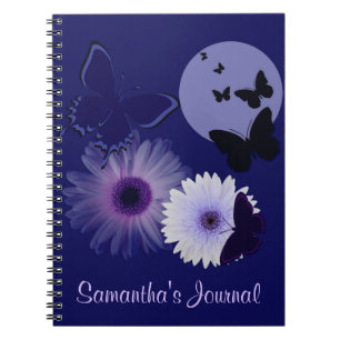 Carnet Papillon bleu et marguerite pourpres personnalisé