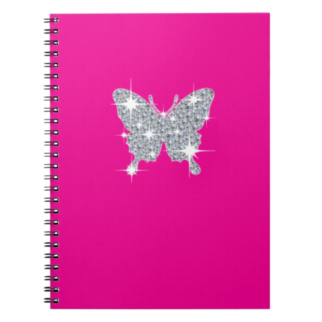 Carnet Papillon brillant en faux diamant sur rose chaud (Devant)