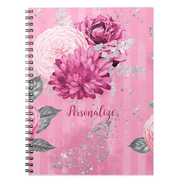 Carnet Papillon de Parties scintillant en argent Roses ro (Devant)