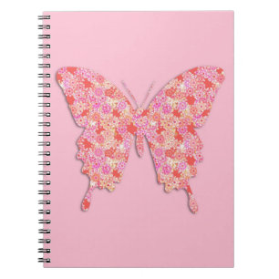 Carnet Papillon en motif de fleurs - rose, orange