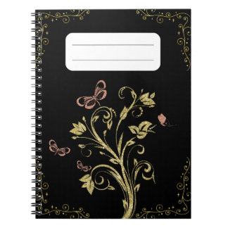 Carnet Papillon floral noir et or élégant