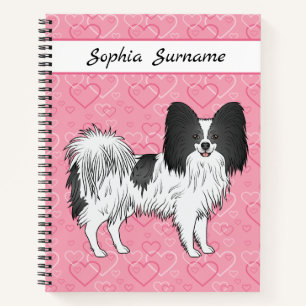 Carnet Papillon noir et blanc Chien mignon sur des cœurs