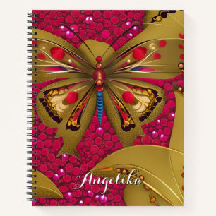 Carnet Papillon rouge et or brillant Nom personnalisé