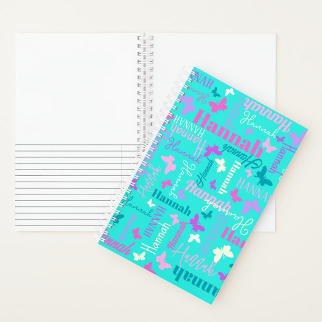 Carnet Papillons arc-en-ciel nom personnalisé aqua Hannah (À l'intérieur)