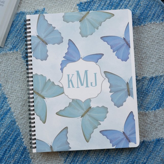 Carnet Papillons bleu aquarelle Monogramme (Botanical blue butterflies in deep blue, teal and light blue. )