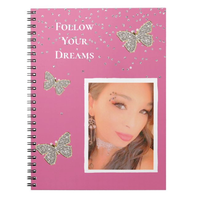 Carnet Papillons étincelants en argent rose Votre photo (Devant)