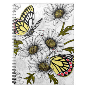 Carnet Papillons Jézabel et fleurs marguerites sur blanc