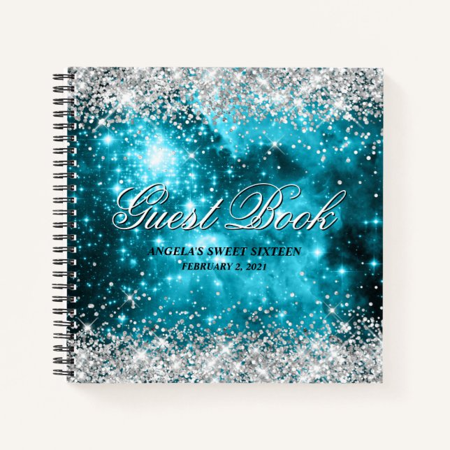 Carnet Parties scintillant d'argent Aqua Turquoise Celest (Devant)