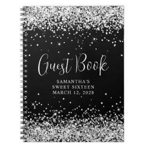 Carnet Parties scintillant d'argent Black Sweet 16 Annive