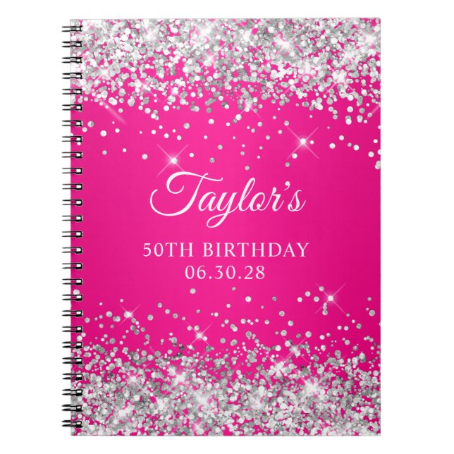Carnet Parties scintillant d'argent Hot Pink Ombre 50e an (Devant)