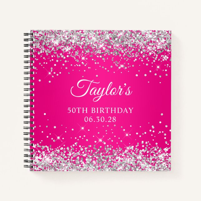 Carnet Parties scintillant d'argent Hot Pink Ombre 50e an (Devant)