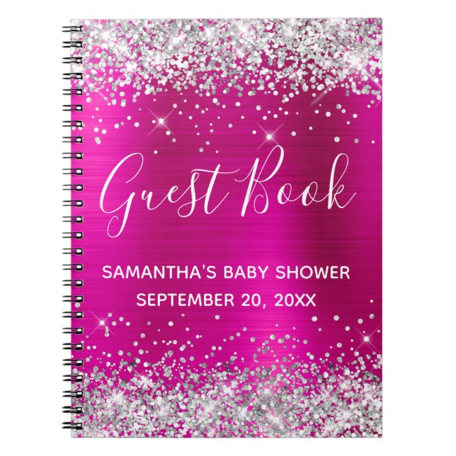 Carnet Parties scintillant d'argent Hot rose Baby shower  (Devant)