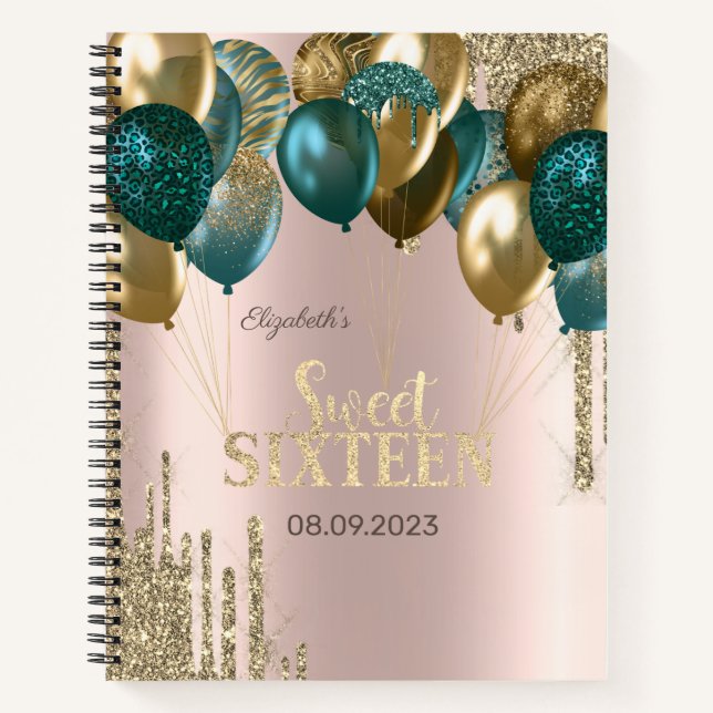 Carnet Parties scintillant d'or Ballons Rose Gold Sweet 1 (Devant)