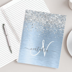 Carnet Parties scintillant en argent brossé bleu Nom du m