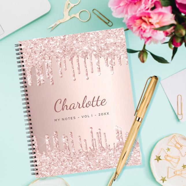 Carnet parties scintillant en or rose monogramme nom luxe (Créateur téléchargé)