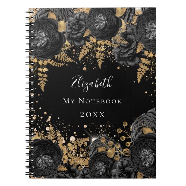 Carnet Parties scintillant florale en or noir nom glamour (Devant)