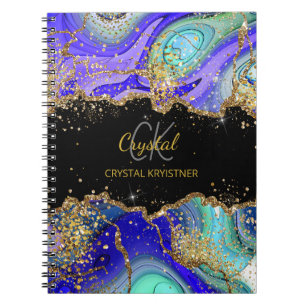Carnet Parties scintillant moderne Monogramme bleu vert A