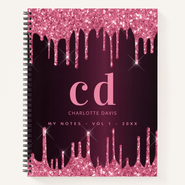 Carnet Parties scintillant rose Bourgogne gouttes monogra (Devant)