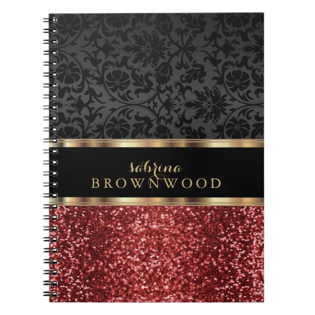 Carnet Parties scintillant rouge et Damas noir (Devant)