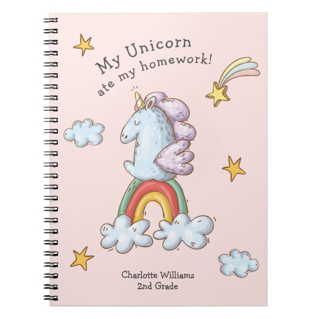 Carnet Pastel Pink Funny Unicorne Mange Mes devoirs (Devant)