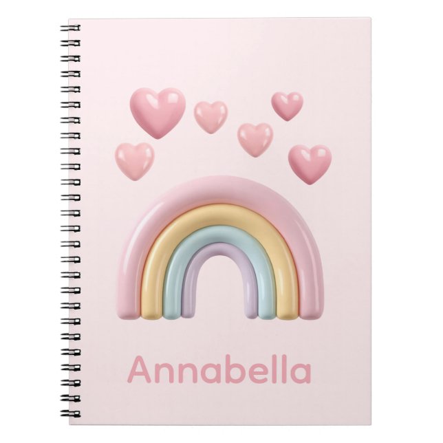 Carnet Pastel Rainbow and Hearts with Pink Custom Name (Devant)