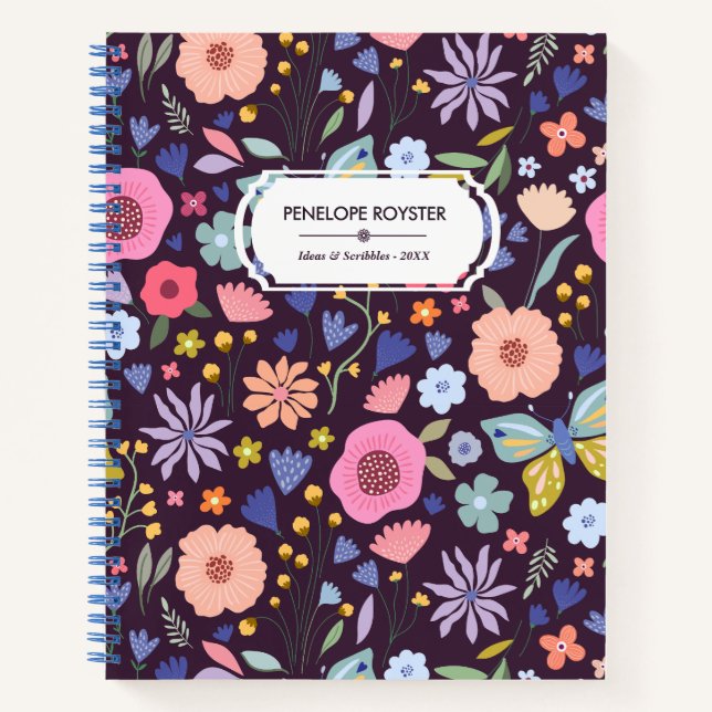 Carnet Pastels & Dark Plum Floral Pattern Name Notebook (Devant)