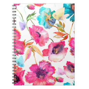 Carnet Pavot rouge et fleurs bleues avec papillons, wquoi