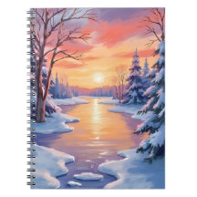 Paysage de rivière hivernale au coucher du soleil