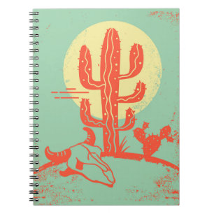 Carnet Paysage désertique avec cactus et crâne de vache.