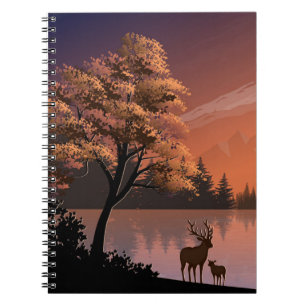 Carnet Paysage du lever du soleil avec lac et Deers-51207