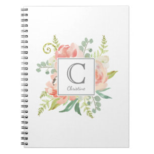 Carnet Pêche et crème Aquarelle Florale avec Monogramme